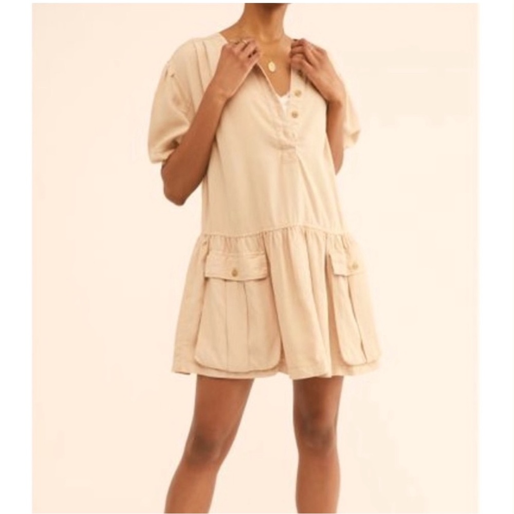 Free People Washed I'm a Dreamer Swing Babydoll Relaxed Mini Dress Beige Large